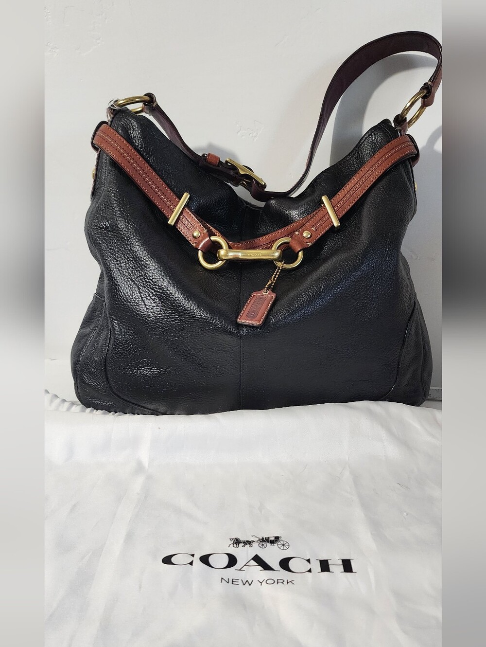 Coach Black Leather Hobo Bag with Brown Trim